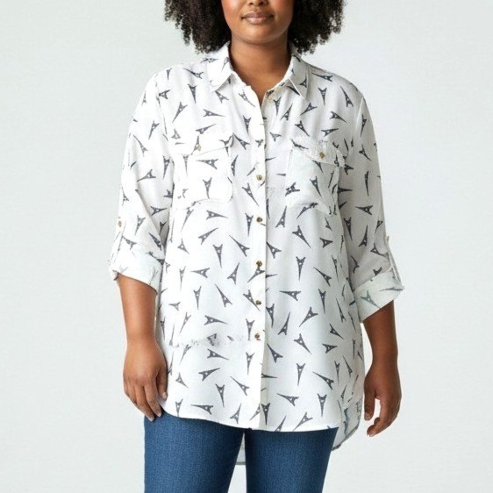 Karl Lagerfeld Paris Eiffel Tower Print Button Down Blouse White Navy Tabs XL